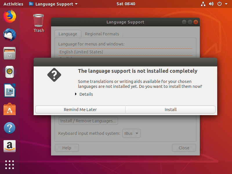 言語サポートが完全にはインストールされていません